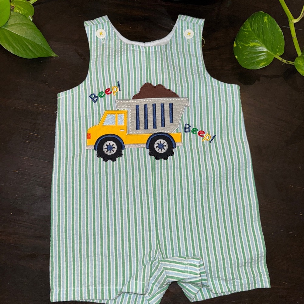Good Lad Green Striped Romper with Truck Design SMOCK